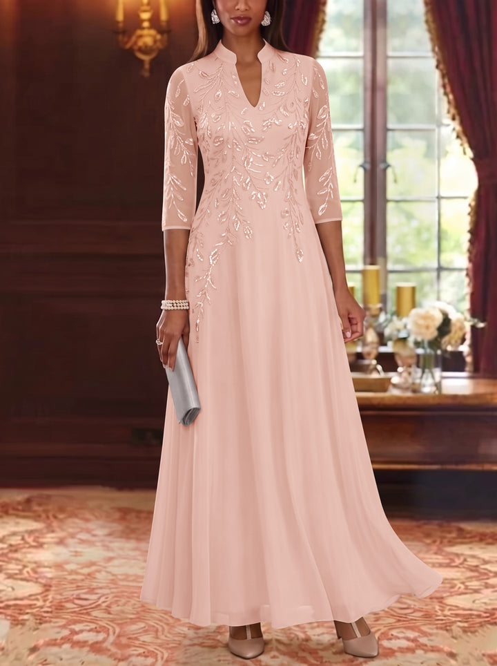 A-Line/Princess V-Neck Chiffon Mother of the Bride Dresses Lace Sequins 3/4 Sleeves Ankle-Length