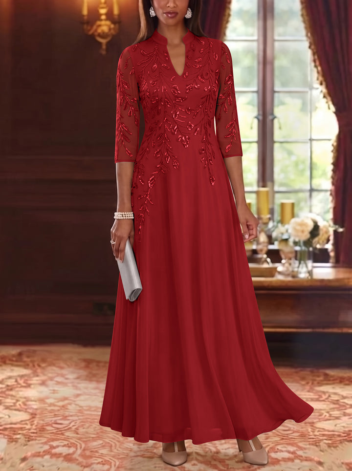 A-Line/Princess V-Neck Chiffon Mother of the Bride Dresses Lace Sequins 3/4 Sleeves Ankle-Length