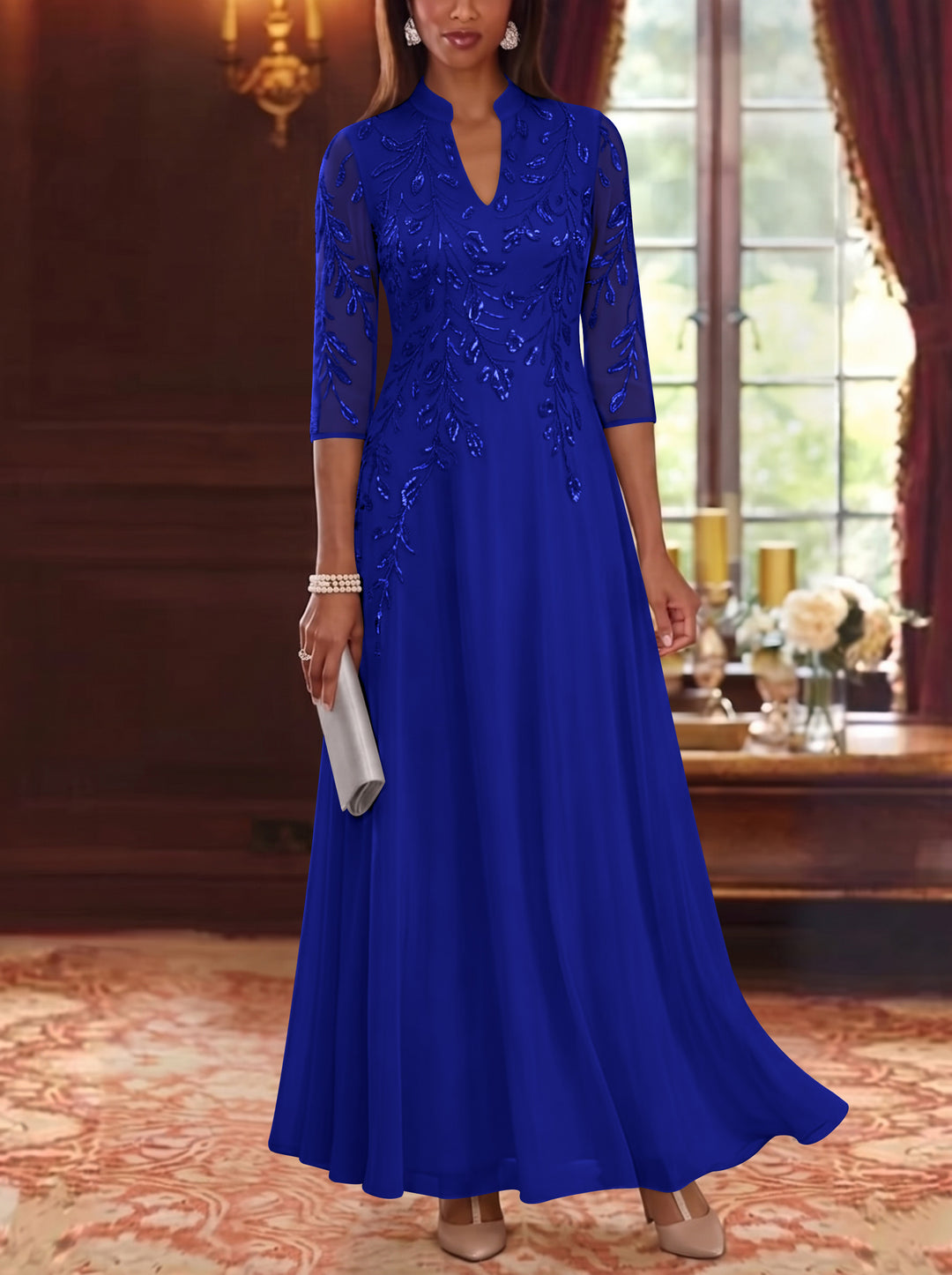 A-Line/Princess V-Neck Chiffon Mother of the Bride Dresses Lace Sequins 3/4 Sleeves Ankle-Length