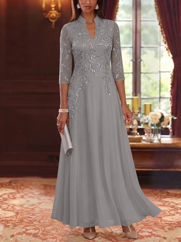 A-Line/Princess V-Neck Chiffon Mother of the Bride Dresses Lace Sequins 3/4 Sleeves Ankle-Length
