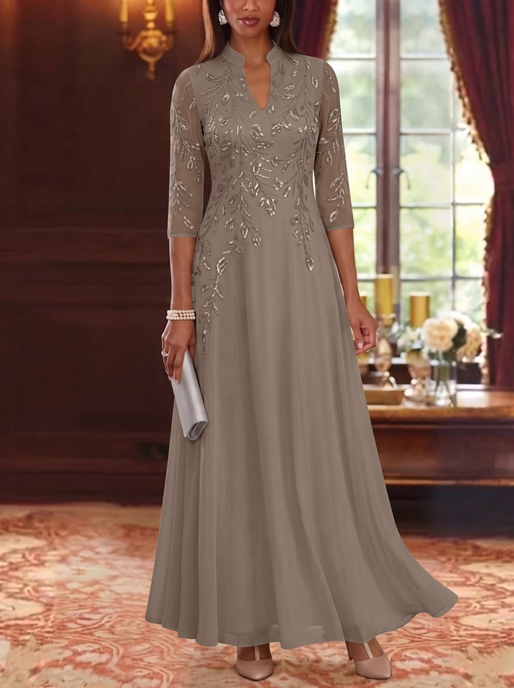 A-Line/Princess V-Neck Chiffon Mother of the Bride Dresses Lace Sequins 3/4 Sleeves Ankle-Length
