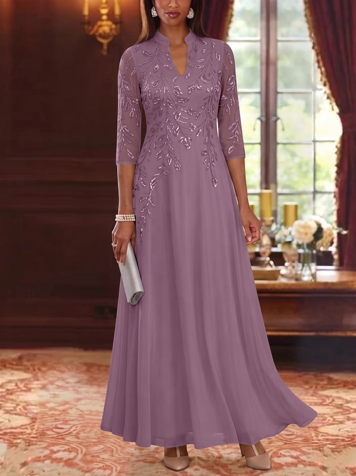 A-Line/Princess V-Neck Chiffon Mother of the Bride Dresses Lace Sequins 3/4 Sleeves Ankle-Length