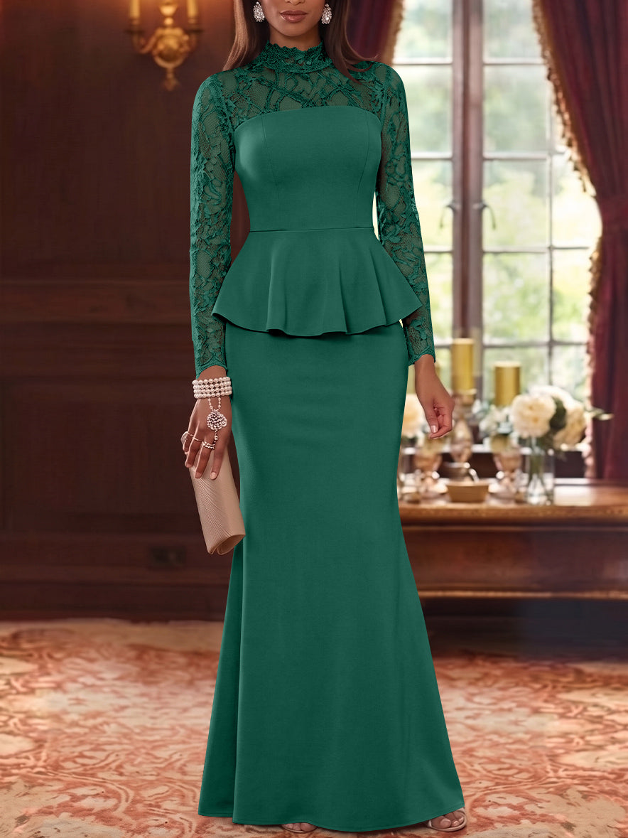 Trumpet/Mermaid Mock Neck Stretch Satin Mother of the Bride Dresses Lace Floor-Length Long Sleeves Ruffles