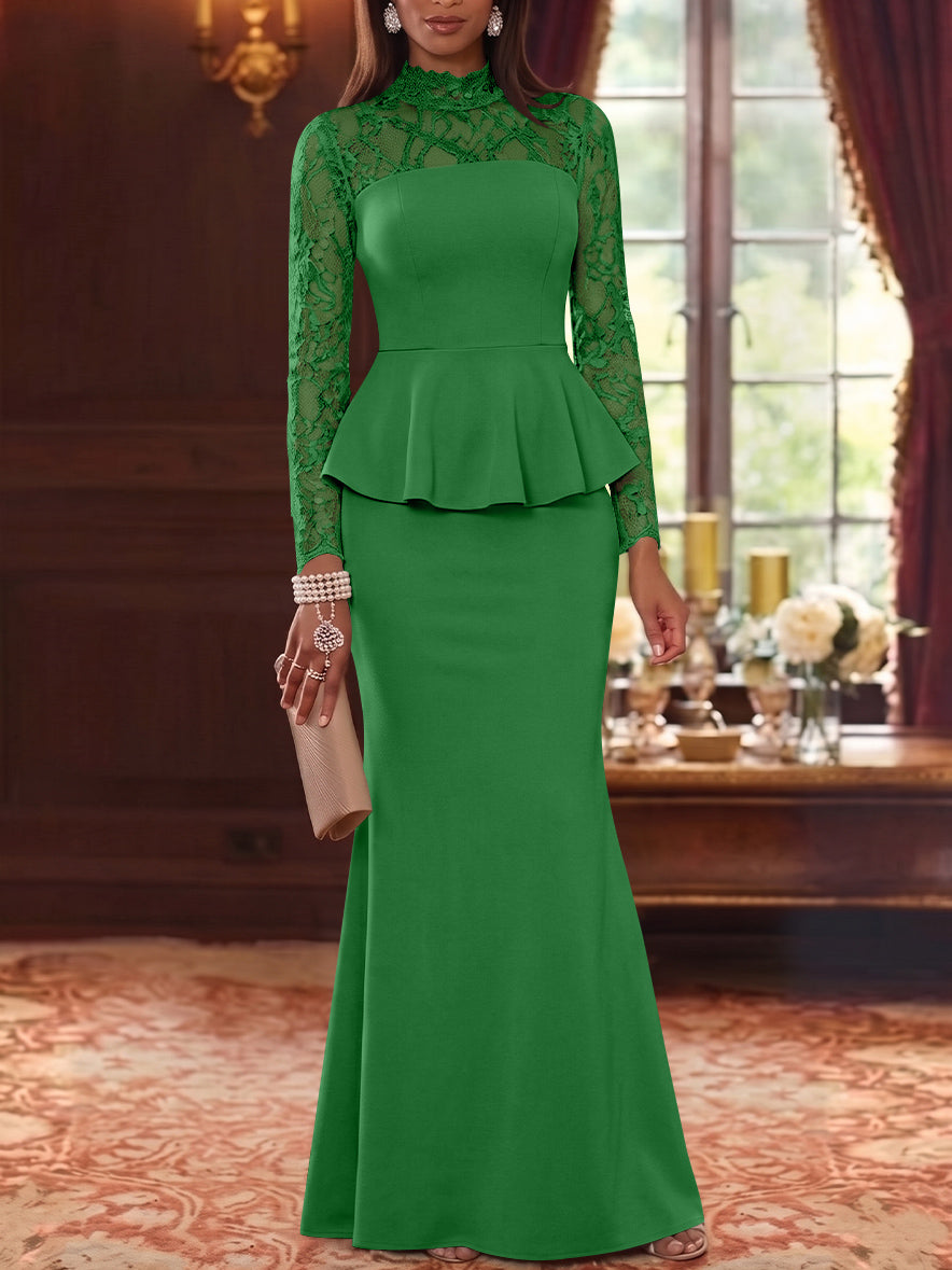 Trumpet/Mermaid Mock Neck Stretch Satin Mother of the Bride Dresses Lace Floor-Length Long Sleeves Ruffles