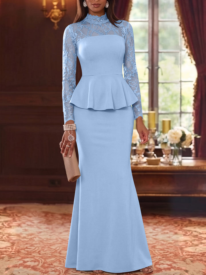 Trumpet/Mermaid Mock Neck Stretch Satin Mother of the Bride Dresses Lace Floor-Length Long Sleeves Ruffles