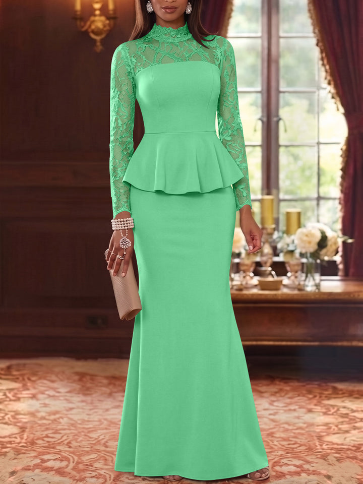 Trumpet/Mermaid Mock Neck Stretch Satin Mother of the Bride Dresses Lace Floor-Length Long Sleeves Ruffles
