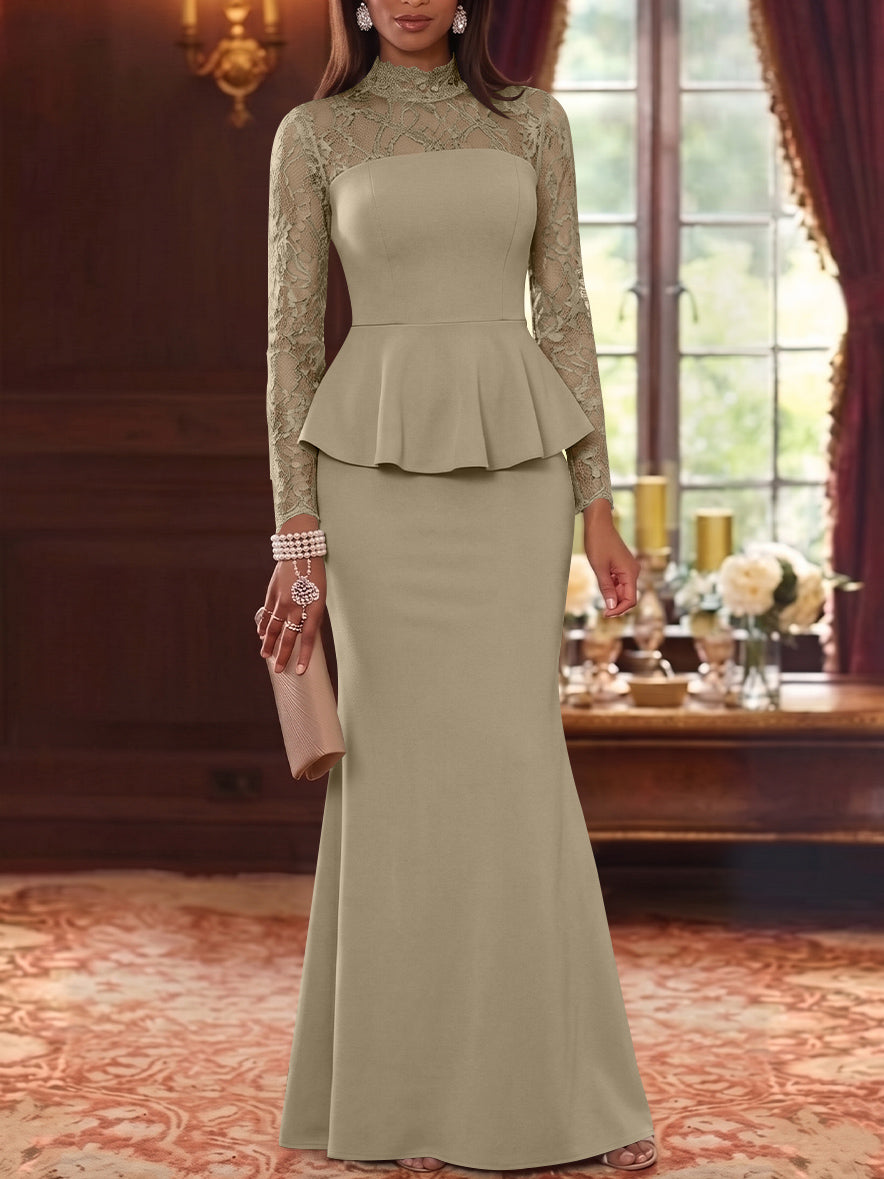 Trumpet/Mermaid Mock Neck Stretch Satin Mother of the Bride Dresses Lace Floor-Length Long Sleeves Ruffles