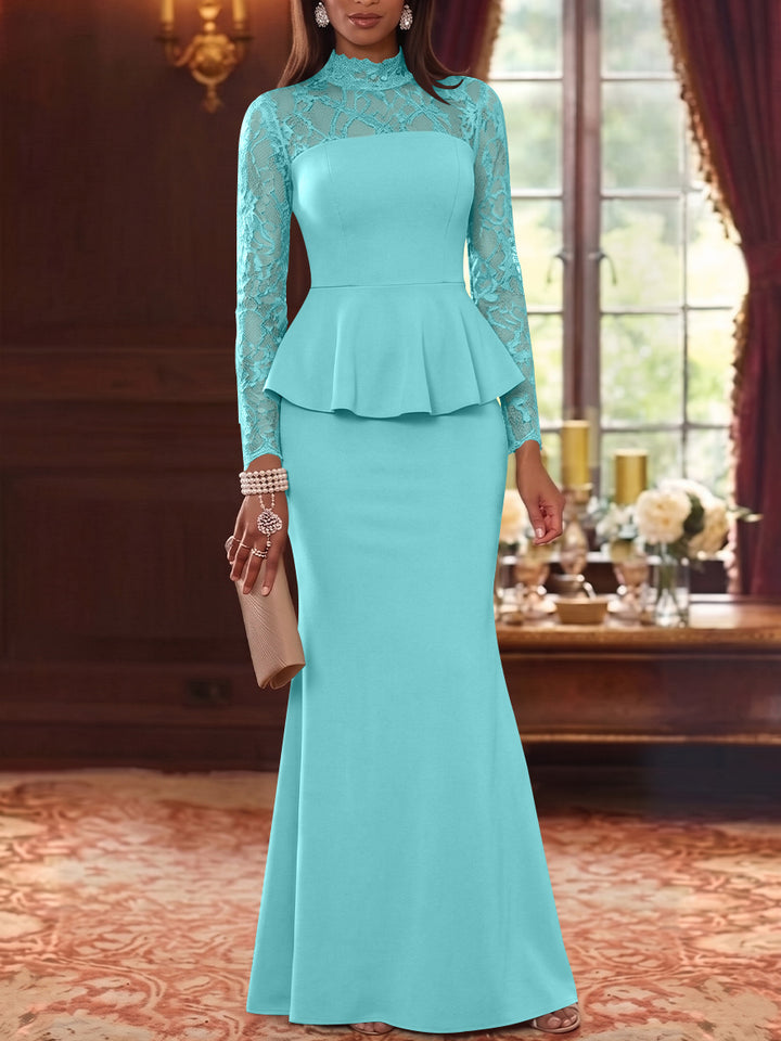 Trumpet/Mermaid Mock Neck Stretch Satin Mother of the Bride Dresses Lace Floor-Length Long Sleeves Ruffles
