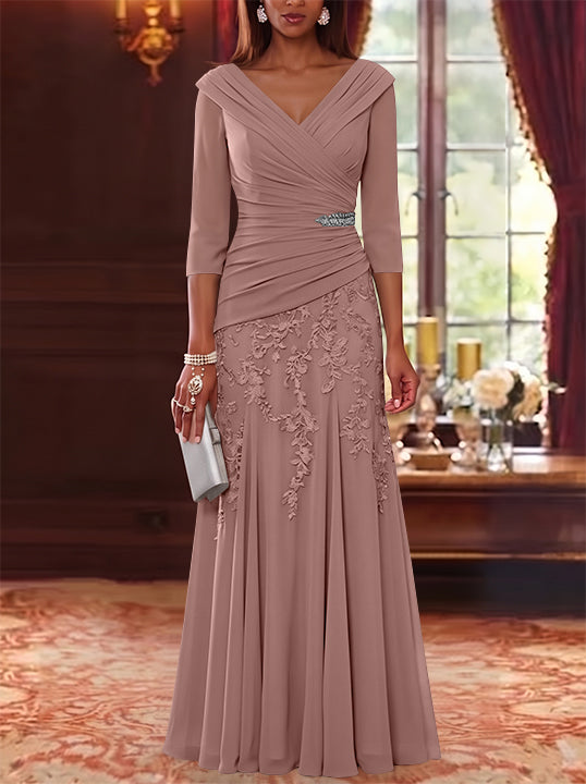 A-Line/Princess V-Neck Chiffon Mother of the Bride Dresses Lace 3/4 Sleeves Floor-Length Ruched