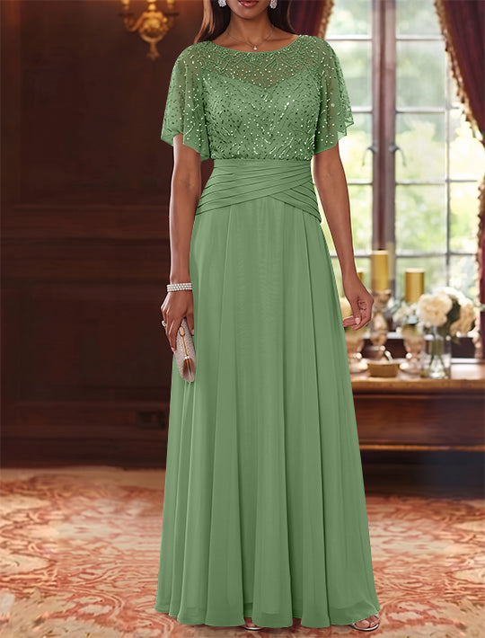 A-Line/Princess Scoop Chiffon Mother of the Bride Dresses Sequins Cape Sleeves Ruched Floor-Length