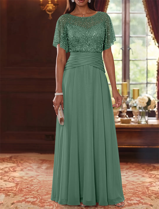A-Line/Princess Scoop Chiffon Mother of the Bride Dresses Sequins Cape Sleeves Ruched Floor-Length