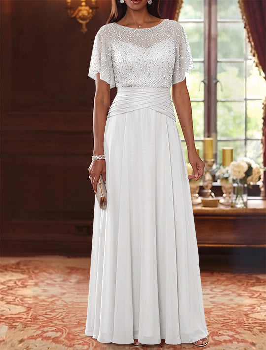 A-Line/Princess Scoop Chiffon Mother of the Bride Dresses Sequins Cape Sleeves Ruched Floor-Length