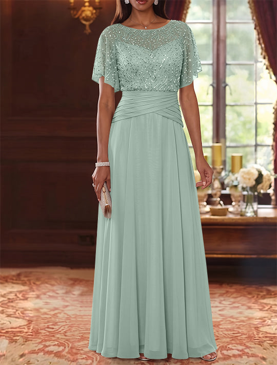 A-Line/Princess Scoop Chiffon Mother of the Bride Dresses Sequins Cape Sleeves Ruched Floor-Length
