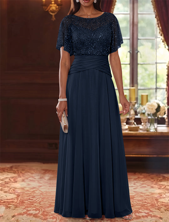 A-Line/Princess Scoop Chiffon Mother of the Bride Dresses Sequins Cape Sleeves Ruched Floor-Length