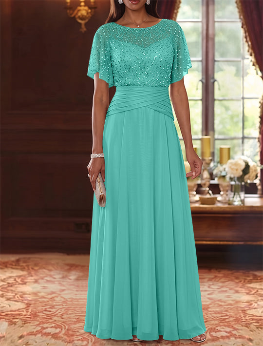 A-Line/Princess Scoop Chiffon Mother of the Bride Dresses Sequins Cape Sleeves Ruched Floor-Length