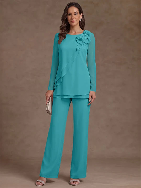 2 Pieces Scoop Chiffon Mother of the Bride Pantsuits Floral Long Sleeves Ankle-Length Ruffles