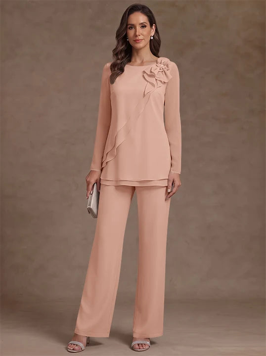 2 Pieces Scoop Chiffon Mother of the Bride Pantsuits Floral Long Sleeves Ankle-Length Ruffles