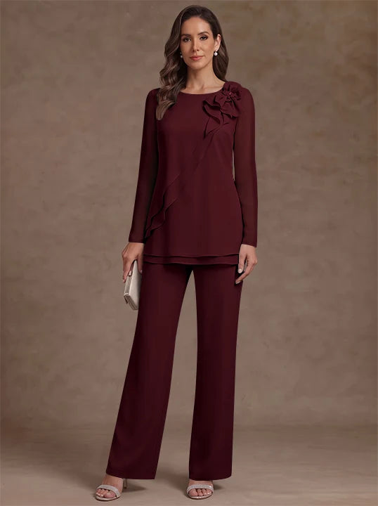 2 Pieces Scoop Chiffon Mother of the Bride Pantsuits Floral Long Sleeves Ankle-Length Ruffles