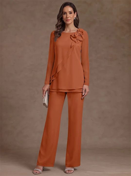 2 Pieces Scoop Chiffon Mother of the Bride Pantsuits Floral Long Sleeves Ankle-Length Ruffles