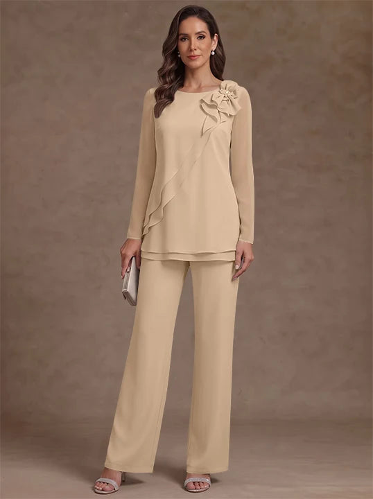 2 Pieces Scoop Chiffon Mother of the Bride Pantsuits Floral Long Sleeves Ankle-Length Ruffles
