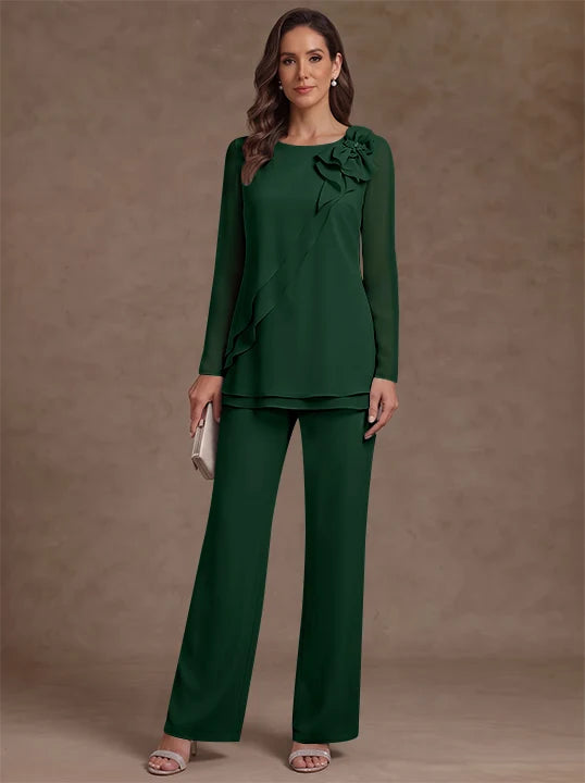 2 Pieces Scoop Chiffon Mother of the Bride Pantsuits Floral Long Sleeves Ankle-Length Ruffles