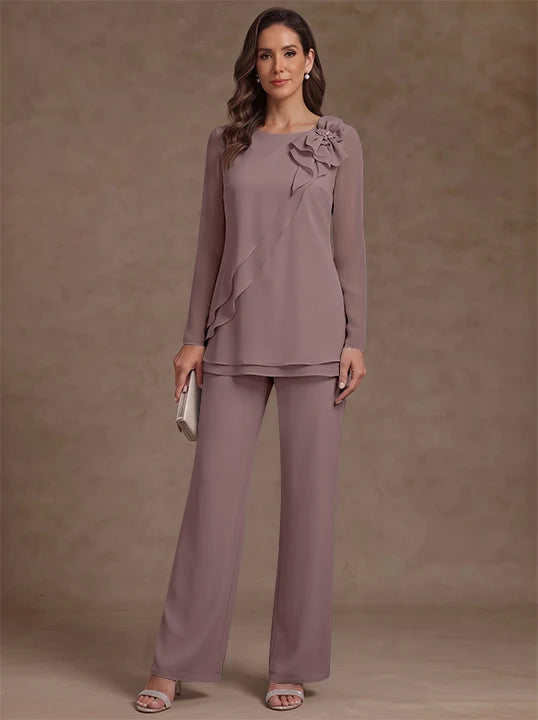 2 Pieces Scoop Chiffon Mother of the Bride Pantsuits Floral Long Sleeves Ankle-Length Ruffles
