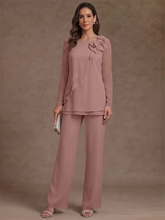 2 Pieces Scoop Chiffon Mother of the Bride Pantsuits Floral Long Sleeves Ankle-Length Ruffles