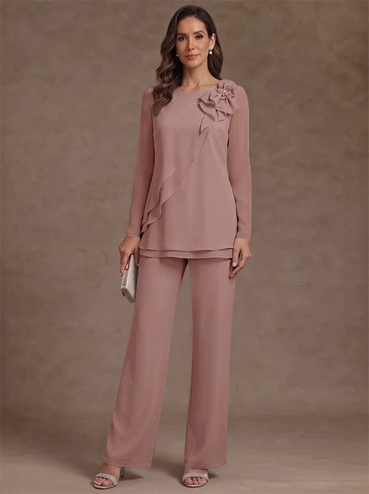 2 Pieces Scoop Chiffon Mother of the Bride Pantsuits Floral Long Sleeves Ankle-Length Ruffles