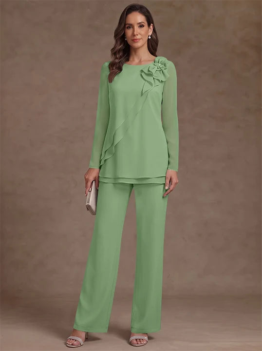 2 Pieces Scoop Chiffon Mother of the Bride Pantsuits Floral Long Sleeves Ankle-Length Ruffles