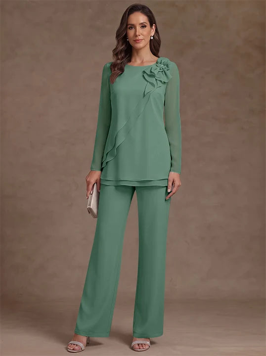 2 Pieces Scoop Chiffon Mother of the Bride Pantsuits Floral Long Sleeves Ankle-Length Ruffles