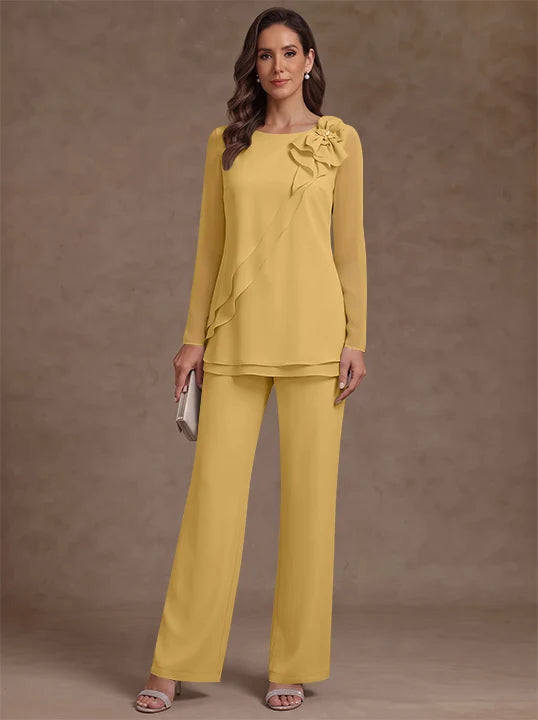 2 Pieces Scoop Chiffon Mother of the Bride Pantsuits Floral Long Sleeves Ankle-Length Ruffles