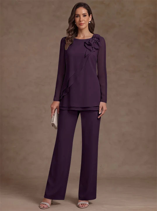 2 Pieces Scoop Chiffon Mother of the Bride Pantsuits Floral Long Sleeves Ankle-Length Ruffles