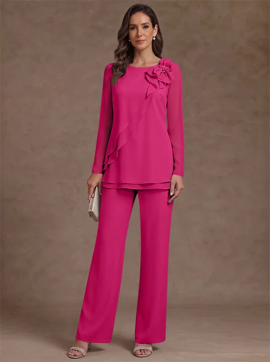 2 Pieces Scoop Chiffon Mother of the Bride Pantsuits Floral Long Sleeves Ankle-Length Ruffles