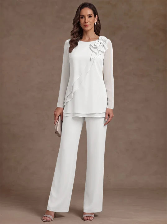 2 Pieces Scoop Chiffon Mother of the Bride Pantsuits Floral Long Sleeves Ankle-Length Ruffles