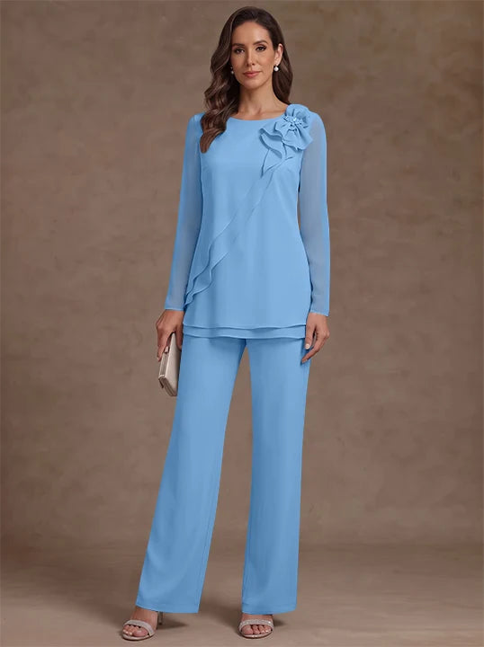 2 Pieces Scoop Chiffon Mother of the Bride Pantsuits Floral Long Sleeves Ankle-Length Ruffles