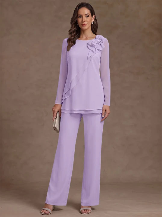 2 Pieces Scoop Chiffon Mother of the Bride Pantsuits Floral Long Sleeves Ankle-Length Ruffles