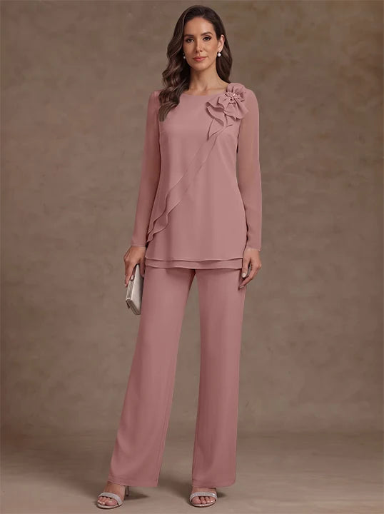 2 Pieces Scoop Chiffon Mother of the Bride Pantsuits Floral Long Sleeves Ankle-Length Ruffles