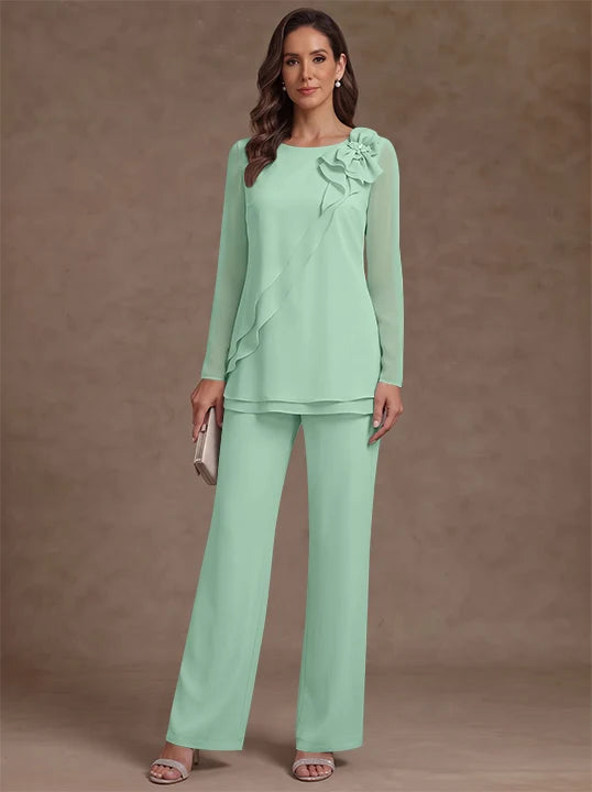 2 Pieces Scoop Chiffon Mother of the Bride Pantsuits Floral Long Sleeves Ankle-Length Ruffles