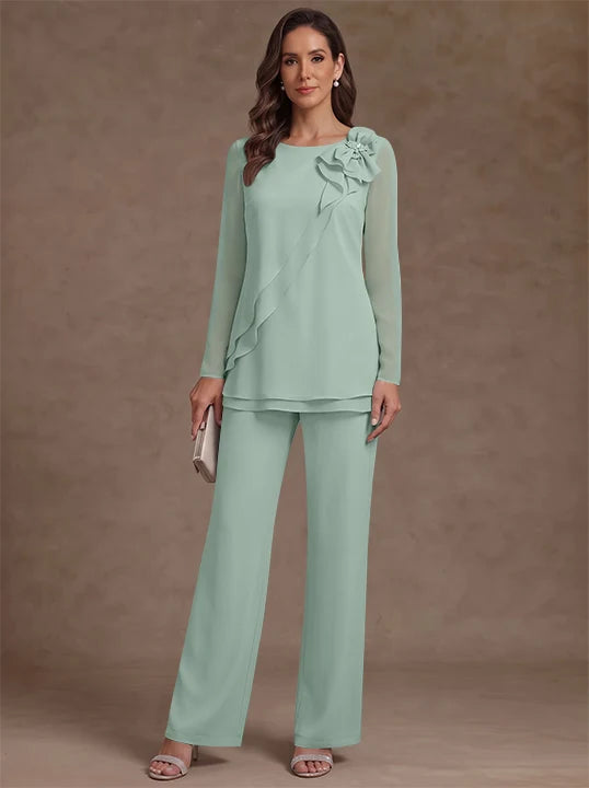 2 Pieces Scoop Chiffon Mother of the Bride Pantsuits Floral Long Sleeves Ankle-Length Ruffles