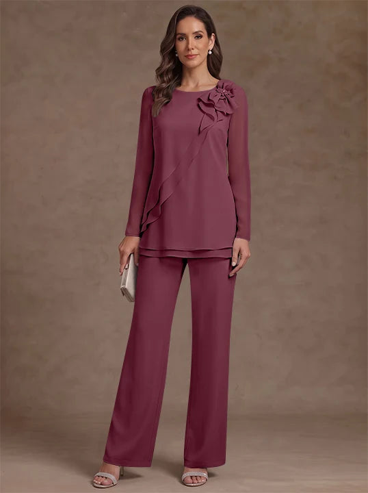 2 Pieces Scoop Chiffon Mother of the Bride Pantsuits Floral Long Sleeves Ankle-Length Ruffles