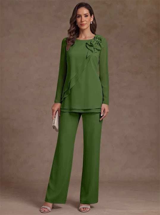 2 Pieces Scoop Chiffon Mother of the Bride Pantsuits Floral Long Sleeves Ankle-Length Ruffles