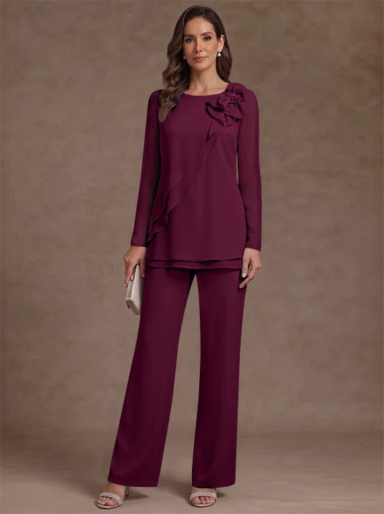 2 Pieces Scoop Chiffon Mother of the Bride Pantsuits Floral Long Sleeves Ankle-Length Ruffles