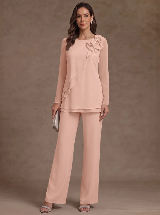 2 Pieces Scoop Chiffon Mother of the Bride Pantsuits Floral Long Sleeves Ankle-Length Ruffles