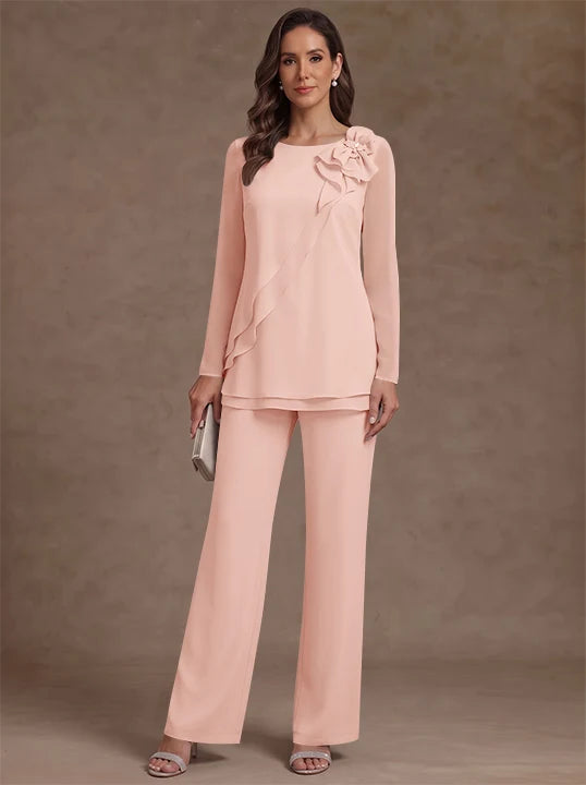 2 Pieces Scoop Chiffon Mother of the Bride Pantsuits Floral Long Sleeves Ankle-Length Ruffles