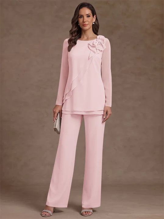 2 Pieces Scoop Chiffon Mother of the Bride Pantsuits Floral Long Sleeves Ankle-Length Ruffles