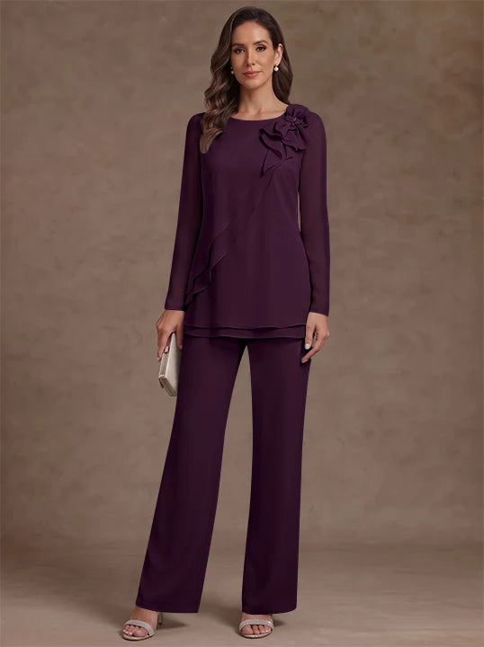 2 Pieces Scoop Chiffon Mother of the Bride Pantsuits Floral Long Sleeves Ankle-Length Ruffles