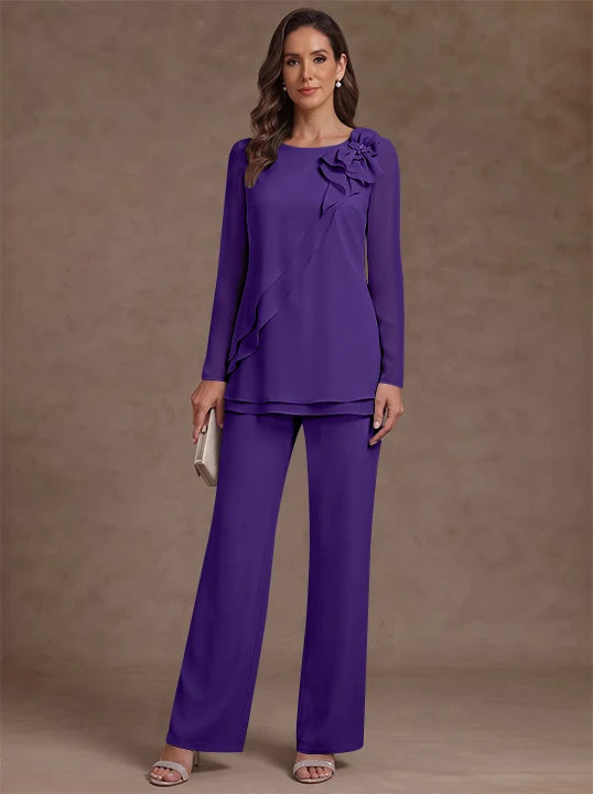 2 Pieces Scoop Chiffon Mother of the Bride Pantsuits Floral Long Sleeves Ankle-Length Ruffles