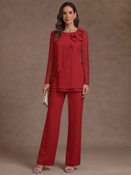 2 Pieces Scoop Chiffon Mother of the Bride Pantsuits Floral Long Sleeves Ankle-Length Ruffles