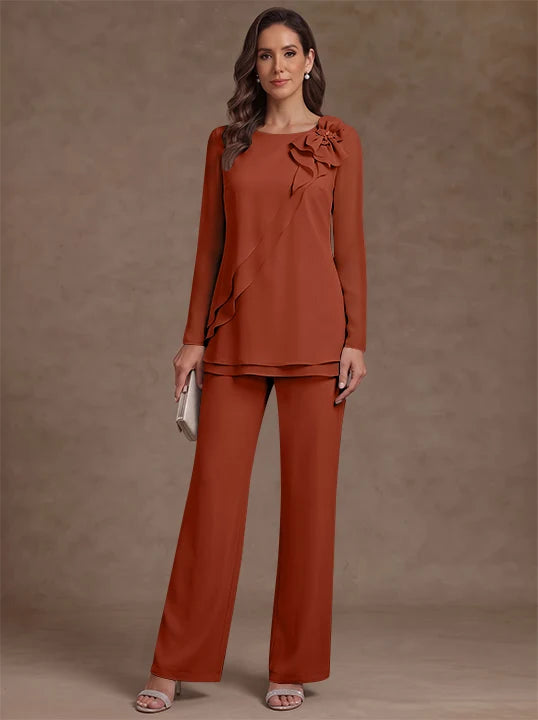 2 Pieces Scoop Chiffon Mother of the Bride Pantsuits Floral Long Sleeves Ankle-Length Ruffles