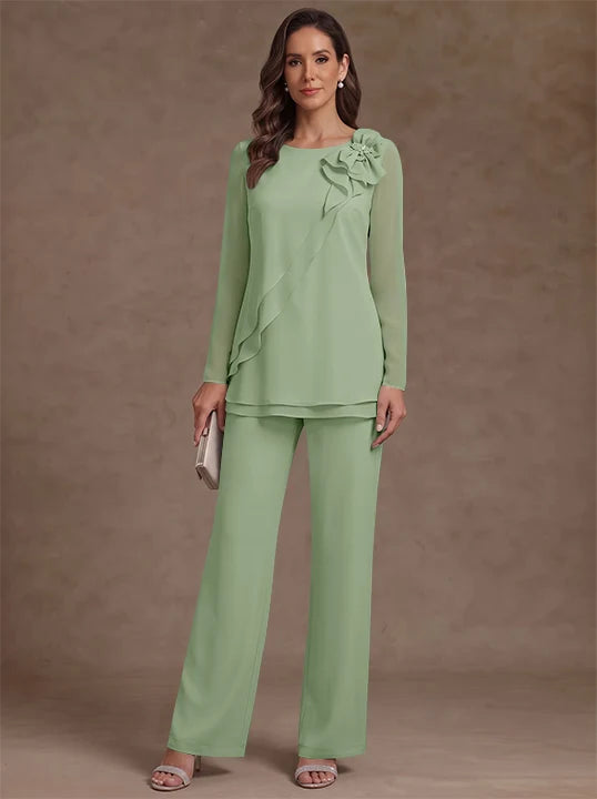 2 Pieces Scoop Chiffon Mother of the Bride Pantsuits Floral Long Sleeves Ankle-Length Ruffles
